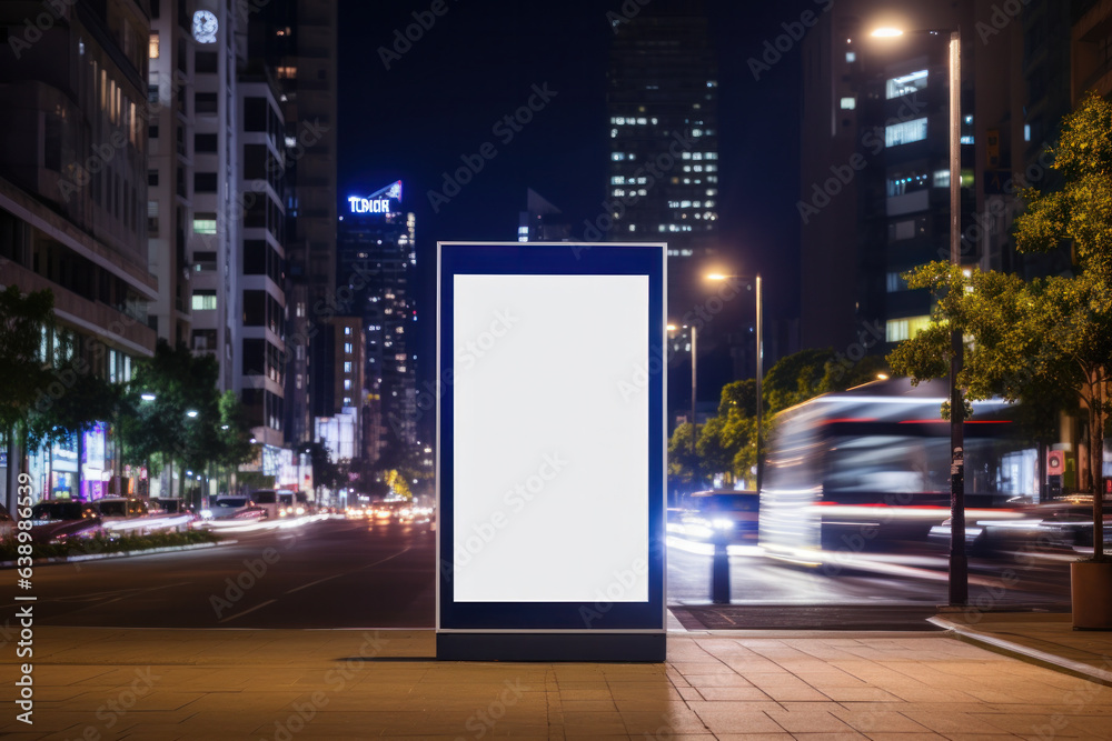Nighttime cityscape with blurred skyscrapers, people; digital billboard mockup at bus stop for ad.