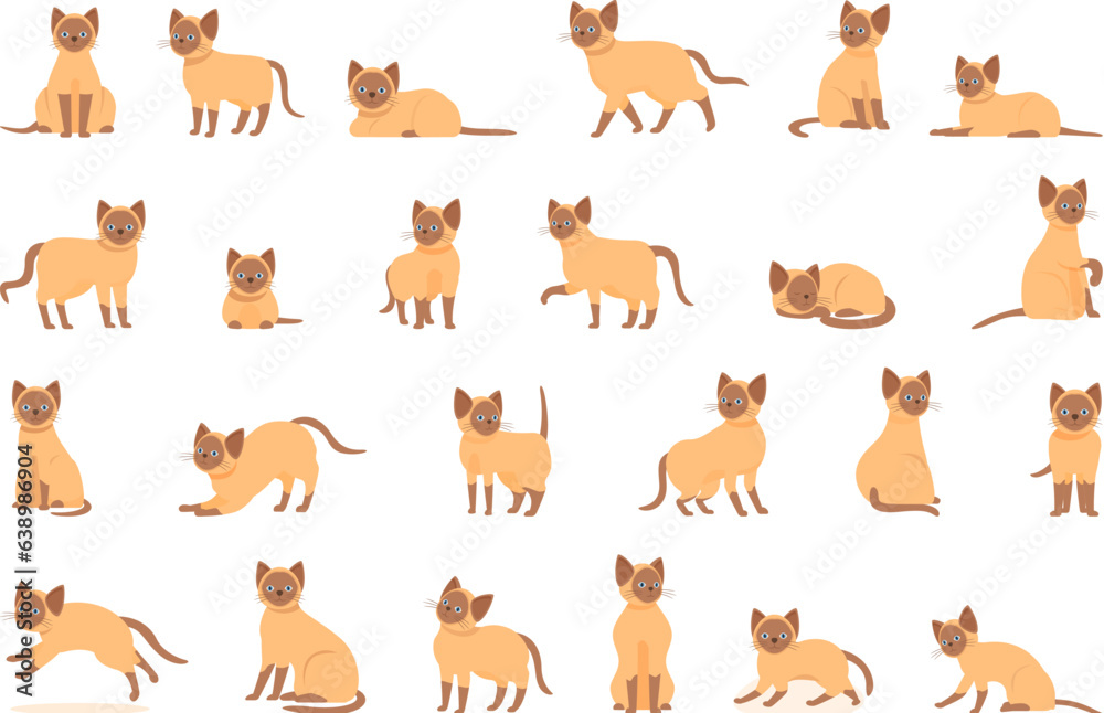 Siamese cat icons set cartoon vector. Sleep animal. Play shelf Siamese cat icons set cartoon vector. Sleep animal. Play shelf