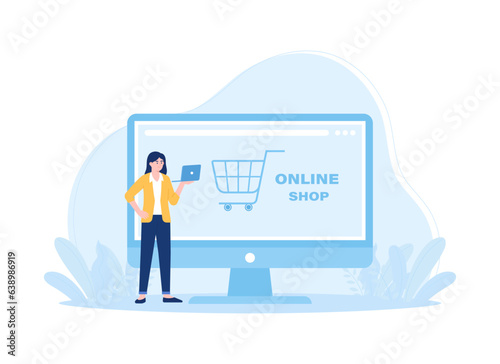 woman doing online shopping using laptop concept flat illustration