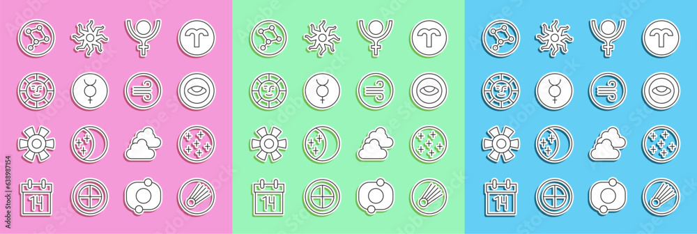 Set line Comet, Full moon, Medallion with eye, Symbol Pluto, Mercury, Sun, Great Bear constellation and Windy weather icon. Vector Set line Comet, Full moon, Medallion with eye, Symbol Pluto, Mercury, Sun, Great Bear constellation and Windy weather icon. Vector