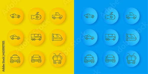 Set line Taxi car, Car, Bus, Trolleybus, Train and railway, Pickup truck and Submarine icon. Vector