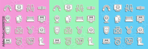 Set line Sport boxing shoes, Boxing helmet, ring, Jump rope, glove, Mouth guard boxer and icon. Vector