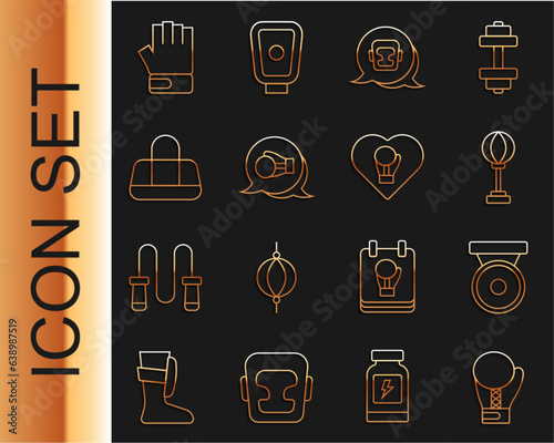 Set line Boxing glove, gong, Punching bag, helmet, Sport, MMA and icon. Vector