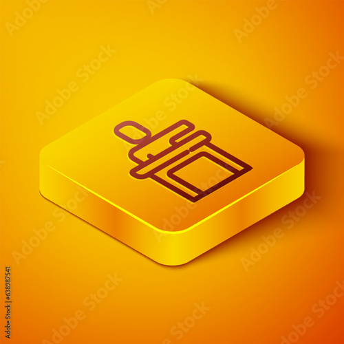 Isometric line Speaker icon isolated on orange background. Orator speaking from tribune. Public speech. Person on podium. Yellow square button. Vector