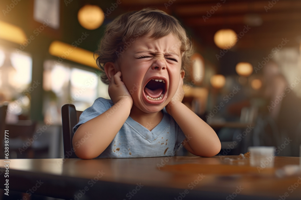 Upset toddler throws tantrum in public cafe, crying loudly and