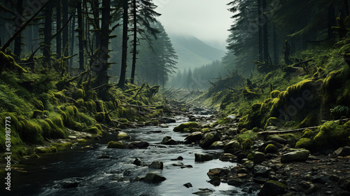 A Rainy and Misty Coniferous Forest with a Sideways Creek Spruces and Moss AI Generative