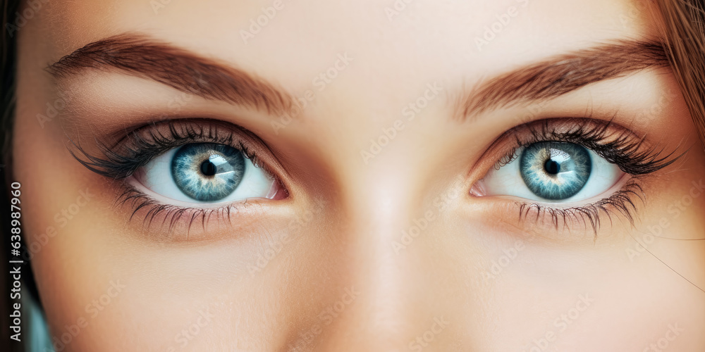 Fototapeta premium Young beautiful woman with blue eyes, closeup detail to her face, both iris visible. Generative AI