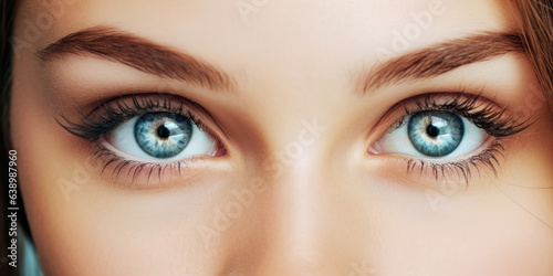 Young beautiful woman with blue eyes, closeup detail to her face, both iris visible. Generative AI