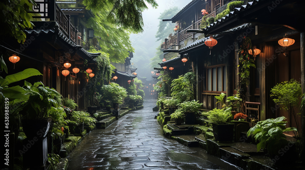 Zhangjiajie Jiangnan Misty Rain Stone Road in Jiangnan Village Houses AI Generative Zhangjiajie Jiangnan Misty Rain Stone Road in Jiangnan Village Houses AI Generative