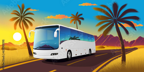 A big intercity bus is traveling on a road in an exotic country