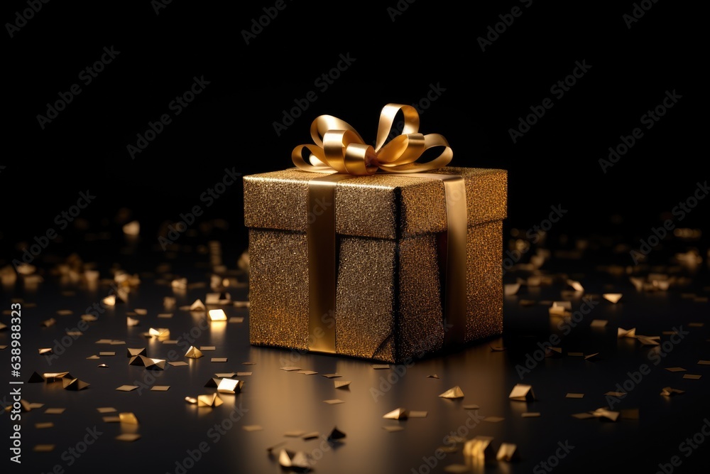 golden gift box with gold ribbons on a black background. Gift, New Year, Christmas, Black Friday golden gift box with gold ribbons on a black background. Gift, New Year, Christmas, Black Friday