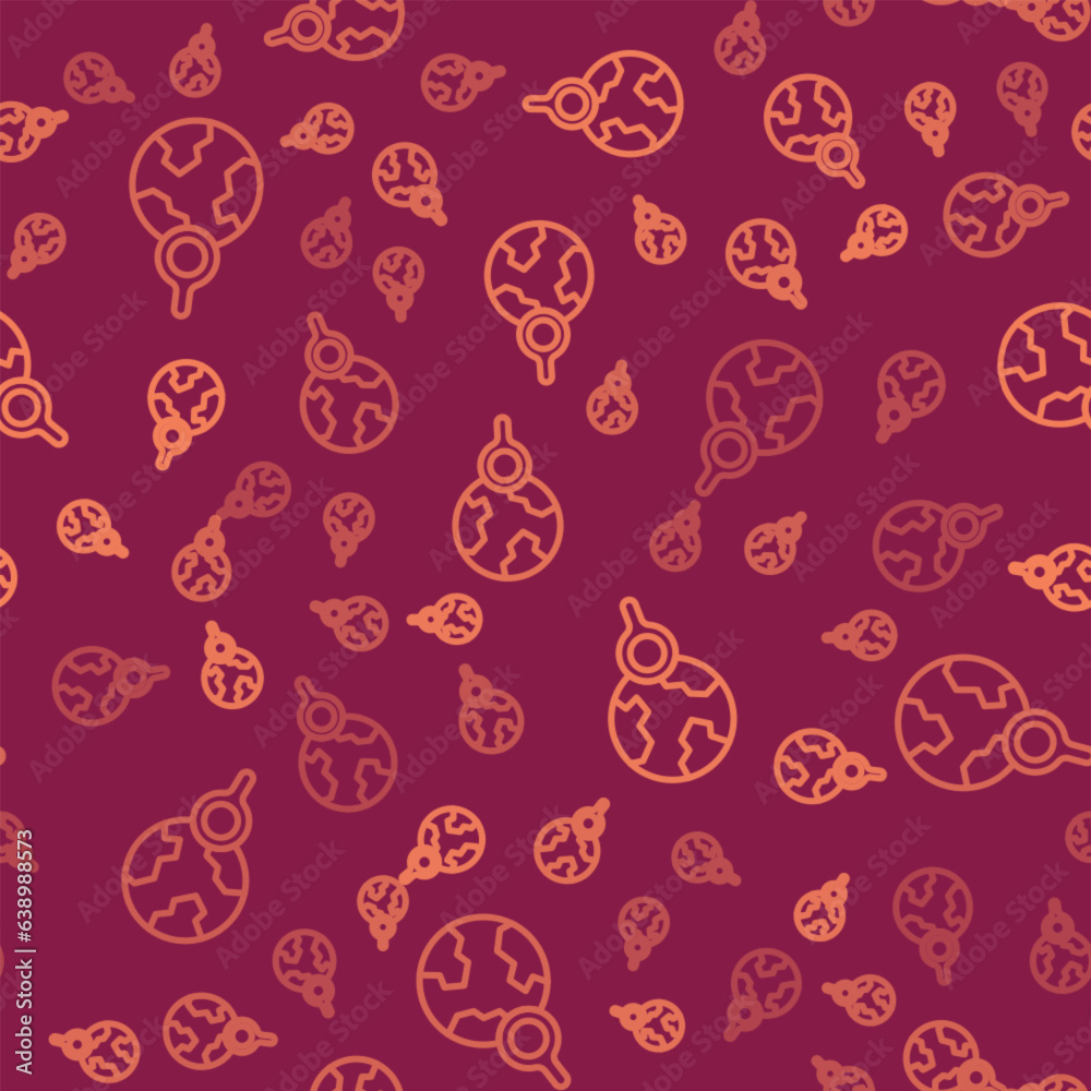 Brown line Magnifying glass with globe icon isolated seamless pattern on red background. Analyzing the world. Global search sign. Vector Brown line Magnifying glass with globe icon isolated seamless pattern on red background. Analyzing the world. Global search sign. Vector