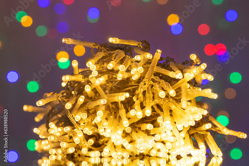 LED string lights. Party holiday christmas decoration lights. Close up christmas LED lighting	 photo