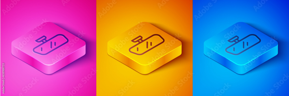 Isometric line Car mirror icon isolated on pink and orange, blue background. Square button. Vector Isometric line Car mirror icon isolated on pink and orange, blue background. Square button. Vector