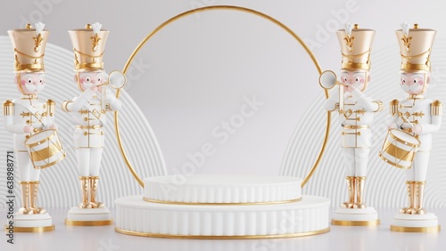 3d rendering illustration podium winter christmas festival with christmas tree,santa claus,gift boxes, ribbon,ball,snow,product, promotion sale, presentation pedestal 3d rendering on background color.