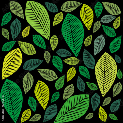 Fondo con hojas verdes en diferentes tonos sobre negro.