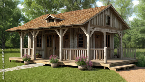 Rustic concept background of the photorealistic outdoor exterior wooden house display © Supriyanto