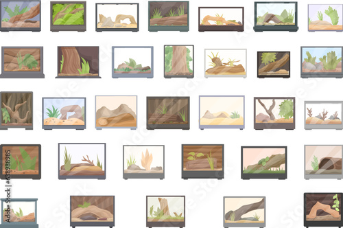 Reptile Terrarium icons set cartoon vector. Animal plant. Tropical house