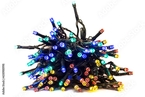 LED string lights. Party holiday christmas decoration lights. Close up christmas LED lighting	 photo