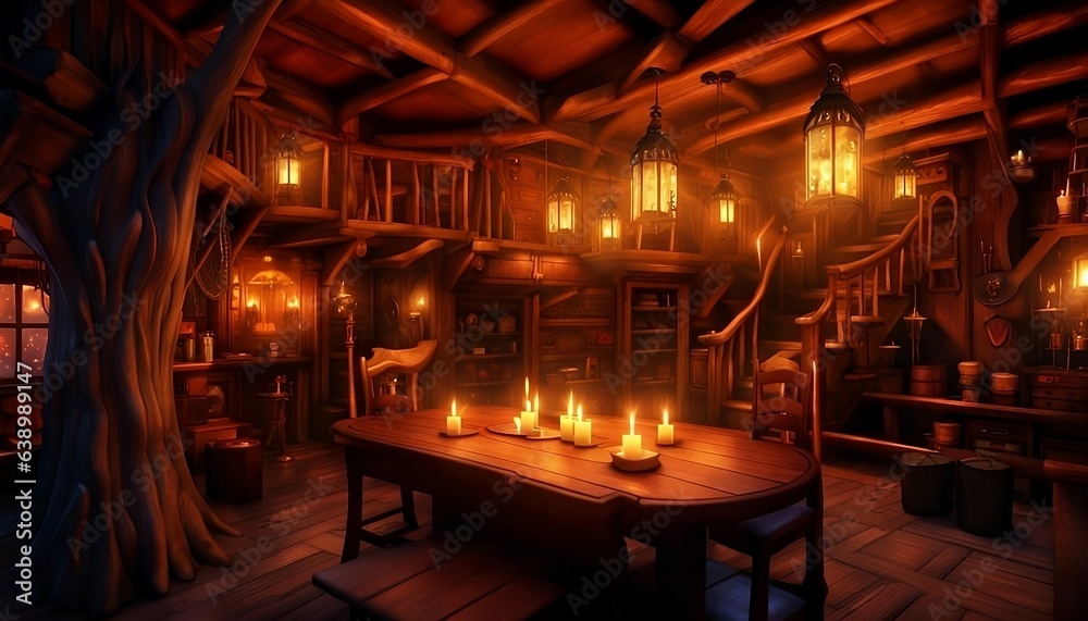 inside the fairy tavern treehouse, candles in the church inside the fairy tavern treehouse, candles in the church