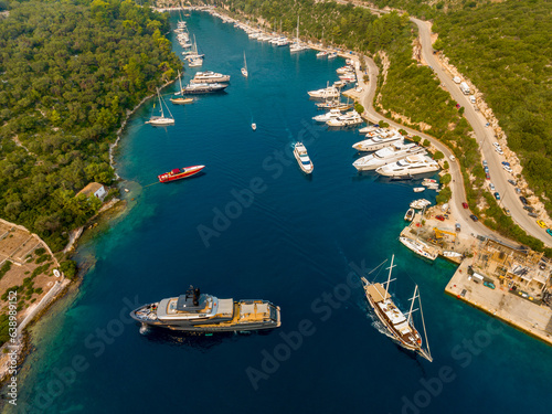 Aerial view of Yachts in the bay of the island of Paxos, Greece. Old city, sea