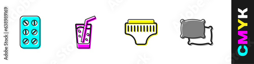 Set Pills in blister pack, Glass with water, Adult diaper and Pillow icon. Vector