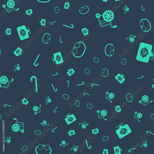 Set Eyeglasses, Wheelchair, Walking stick cane and Grandfather on seamless pattern. Vector