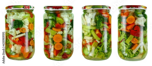 Set of jars with canned vegetables on white background. Jars with pickles containing cauliflower, cucumber, red pepper, broccoli, onions, carrot, celery, isolated close up.