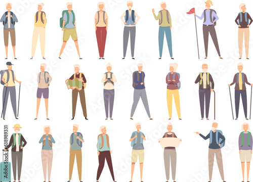 Elderly people with backpack icons set cartoon vector. Retired person. Summer aged