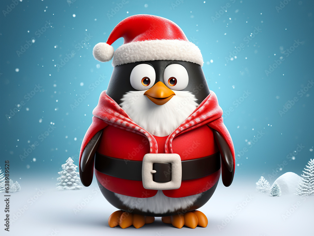 A penguin happily sports Santa outfits in a festive theme. Penguin experiencing Christmas joy. Christmas themed 3D penguin.
