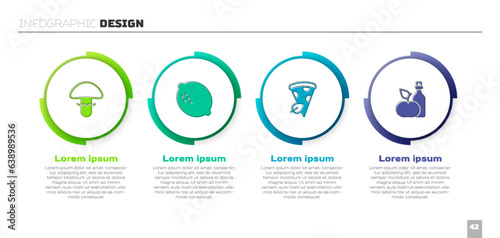 Set Mushroom, Lemon, Vegan pizza slice and Apple cider vinegar in bottle. Business infographic template. Vector