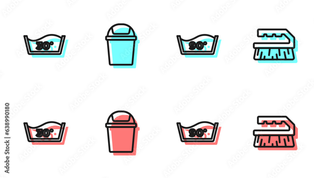 Set line Temperature wash, , Trash can and Brush for cleaning icon. Vector