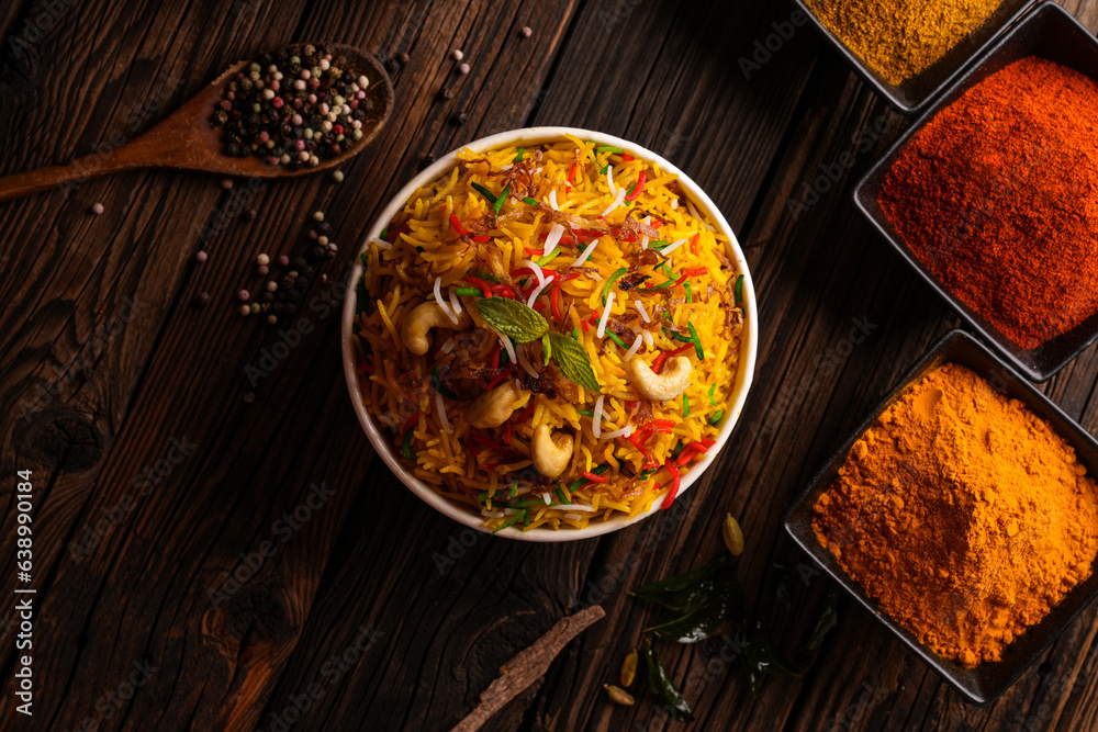 indian chicken biryani, Spicy chicken biryani food photography Stock