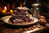Culinary master finishes brownie triple chocolate in rustic confectionery., generative IA