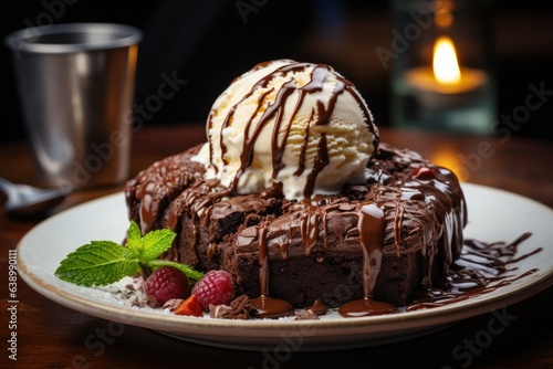 Fresh brownie with ice cream beside and coffee, a tempting and comforting scene., generative IA