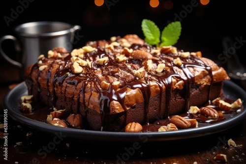 Fresh brownie sprinkled with chocolate and nuts, inviting texture., generative IA