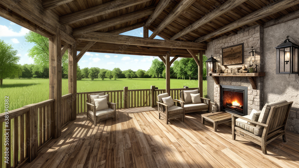Rustic concept background of the photorealistic outdoor exterior wooden house display Rustic concept background of the photorealistic outdoor exterior wooden house display