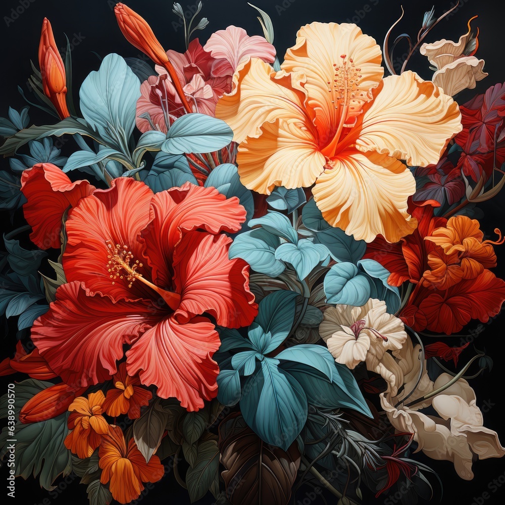 A botanical poster illustrating a diverse array of tropical flowers in vivid colors, from the fiery reds of hibiscus to the electric blues of orchids.