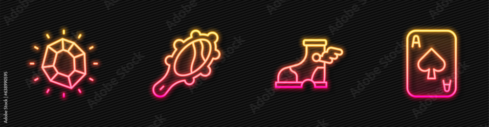Set line Hermes sandal, Magic stone, hand mirror and Playing cards. Glowing neon icon. Vector Set line Hermes sandal, Magic stone, hand mirror and Playing cards. Glowing neon icon. Vector