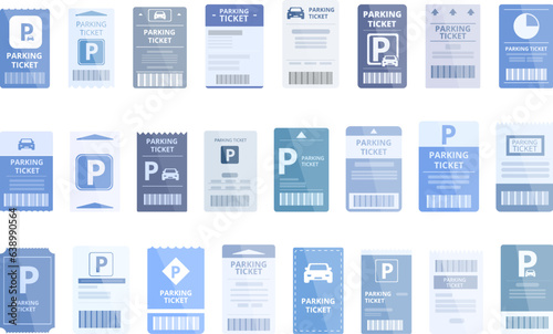 Parking ticket icons set cartoon vector. Car park. Pay lot photo
