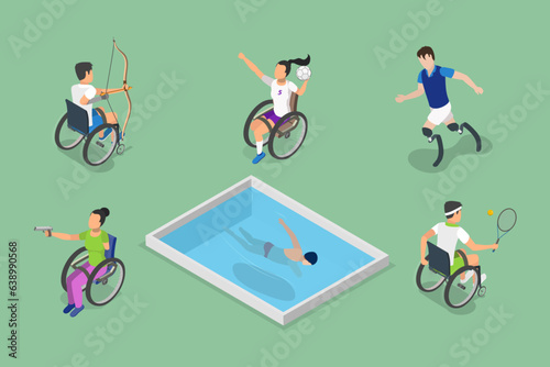 3D Isometric Flat Vector Set of Disabled Sportsmen, Athletes with Physical Disabilities