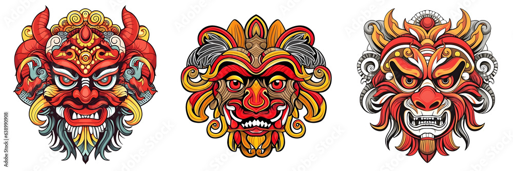 Mask design in traditional balinese motifs, indian mask, colorful cartoon, dynamic and exaggerated facial expressions on white background. Generative ai. Mask design in traditional balinese motifs, indian mask, colorful cartoon, dynamic and exaggerated facial expressions on white background. Generative ai.
