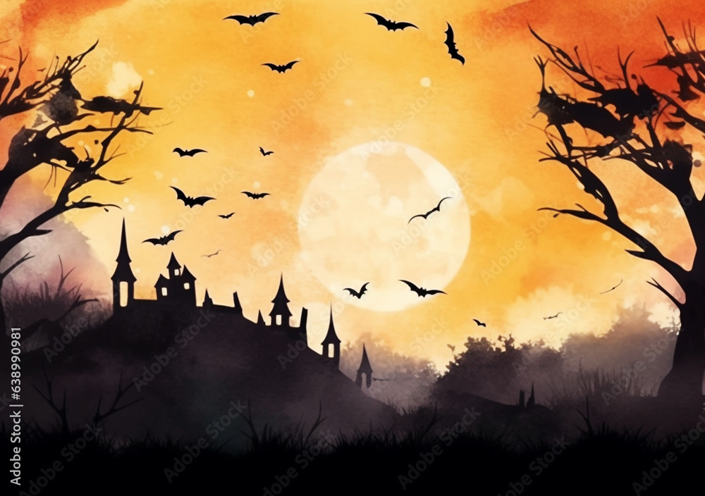Watercolor Halloween card with full moon, abandoned forest and houses. Halloween background. Generative AI
