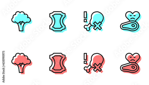 Set line No chicken leg, Broccoli, Leather and Steak meat icon. Vector
