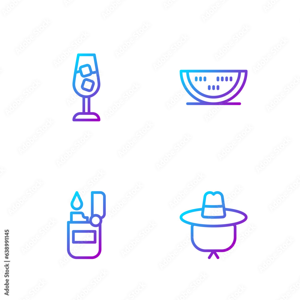 Set line Camping hat, Lighter, Wine glass and Watermelon. Gradient color icons. Vector Set line Camping hat, Lighter, Wine glass and Watermelon. Gradient color icons. Vector