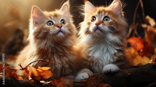 Two Maine Coon kittens in autumn leaves on dark background, close up