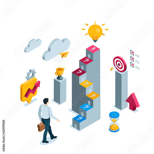 isometric man walks to the steps on top of which a light bulb shines in color on a white background, target icons with an arrow and a trophy, the path to business success