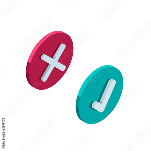 round shield isometric icon with a check mark and with a crosshair in color on a white background, reliable protection or insecurity