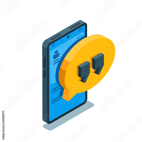 isometric text bubble icon with quotes on the screen of a smartphone in color on white background, quote or text message