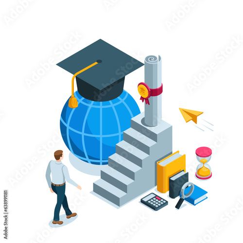 isometric man going to the steps on top of which is a diploma and a bachelor's cap in color on a white background, the path to higher education and gaining a degree